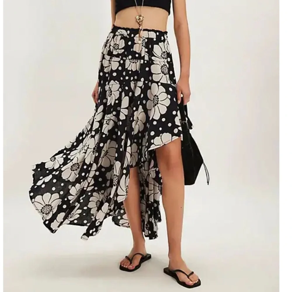 Free People Black and White Asymmetrical Floral High-Low Skirt